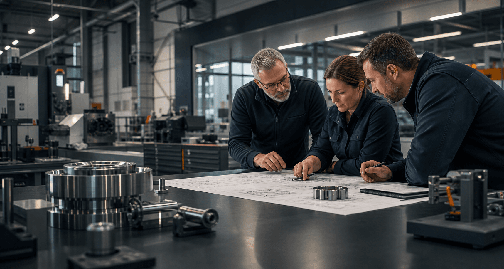Engineering and operations leaders reviewing technical drawings in a manufacturing workspace